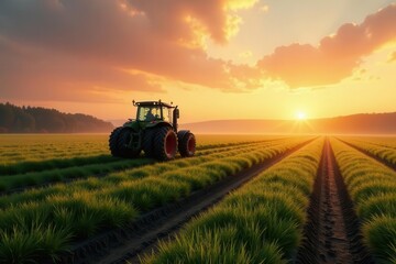 Fototapeta premium Golden Hour on the Farm Tractor at Sunset in a Lush Green Field