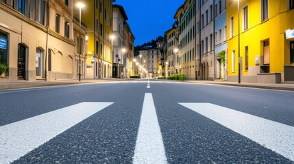 Serene Empty City Street at Dusk with Yellow Building Facades