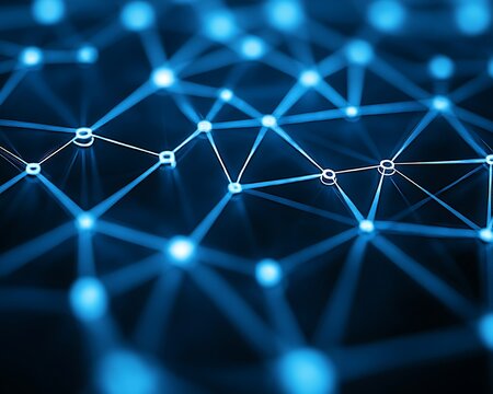 Abstract image displaying a connected network of bright blue nodes