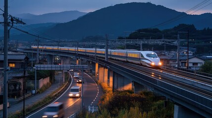 Fototapeta premium Bullet train speeding alongside a highway, racing against cars in the evening light.