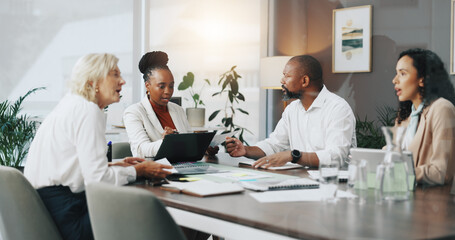 Laptop, planning and workshop with business people in office for strategy, project and research. Company growth, market report and brainstorming with employees in agency for discussion and teamwork