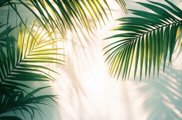 Fototapeta premium Tropical Green Palm Leaves Casting Shadows on Soft Background Creating a Calm and Peaceful Atmosphere