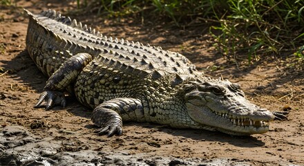 Fototapeta premium Large Crocodile at Rest on Riverbank in Natural Habitat