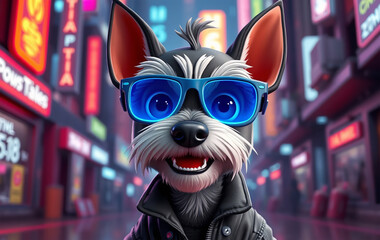 A stylish 3D cartoon miniature schnauzer with large expressive eyes, wearing neon blue sunglasses and a tiny leather jacket. The dog has a confident and happy look, with a wagging tail and perked-up 