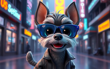 A stylish 3D cartoon miniature schnauzer with large expressive eyes, wearing neon blue sunglasses and a tiny leather jacket. The dog has a confident and happy look, with a wagging tail and perked-up 