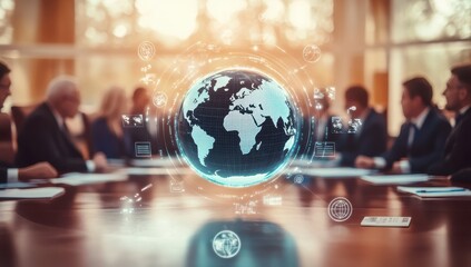 Global Business Meeting with Earth Globe and Digital Technology Overlay