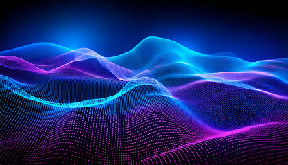 Futuristic glowing wave patterns in deep blue and purple tones, creating a dynamic and immersive visual effect.