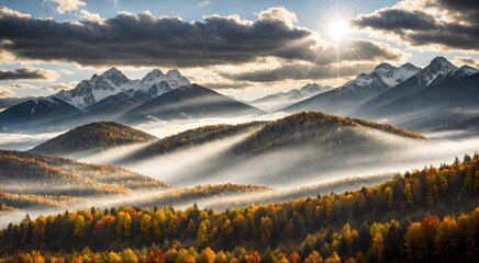 autumn sunset in the mountains. ai generated