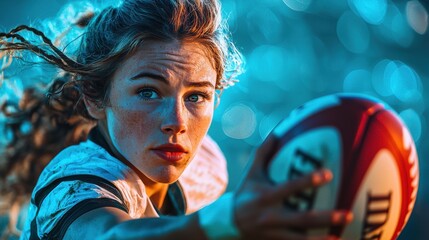 Determined female athlete, windswept hair, eyes focused on rugby ball. Dynamic sports action shot.