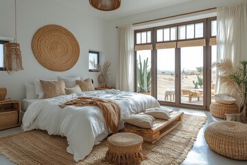 Elegant and serene bedroom with natural textures and outdoor view in a modern desert getaway