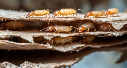 Close-Up View of Termites on Wooden Surface Feeding and Working Together
