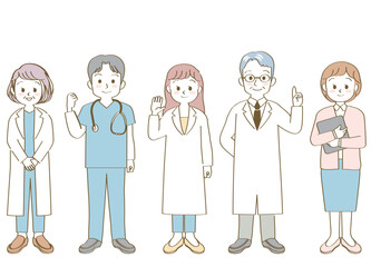 福祉、医療従事者の人物のベクターイラスト素材／医者／薬剤師／看護師／全身／主線あり
