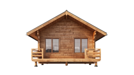 Wooden cabin with balcony and transparent background representing cozy living