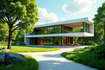 Obraz premium Modern Architectural Design Luxury Residence in Verdant Landscape with Expansive Windows and Outdoor Patio