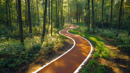 Obraz premium Winding red path through lush green summer forest trees run way road walk park trail track route