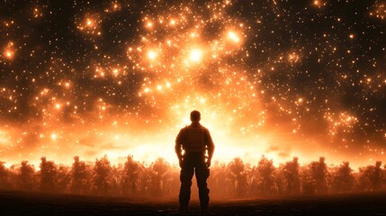 Fototapeta premium A futuristic soldier standing in front of a massive robotic army, with a glowing sky full of stars above them