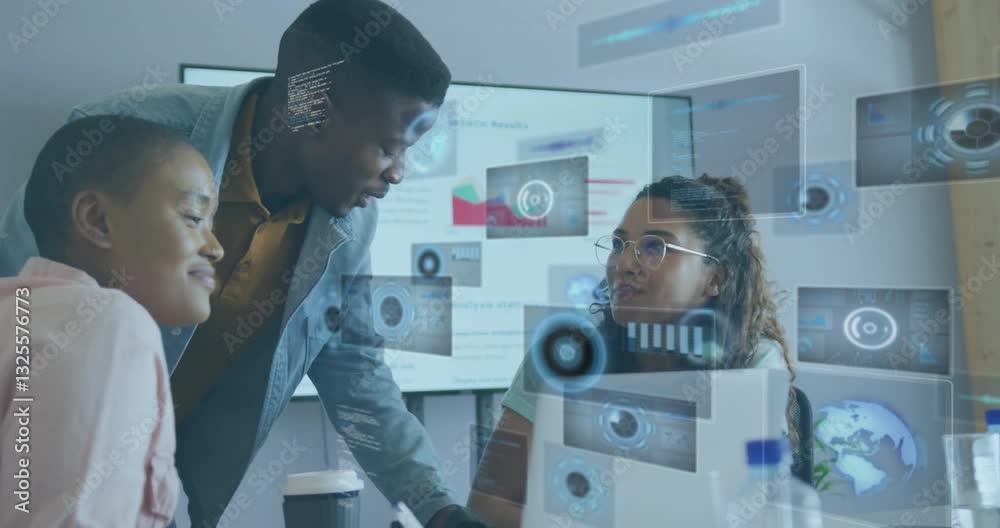 Poster diverse team collaborating in office with digital data processing animation overlay