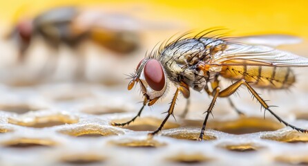 Close-Up View of Fruit Fly on Yellow Honeycomb Background