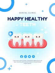 A cute and vibrant dental care illustration poster. Featuring happy, smiling teeth on healthy gums
