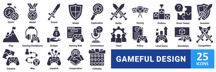 Gameful Design icon set. with icons quick, medal, sword, shield, exploration, battle, racing, podium, brain teaser, guardian, flag, gaming headphone, budget, gaming web, commentary, team management 