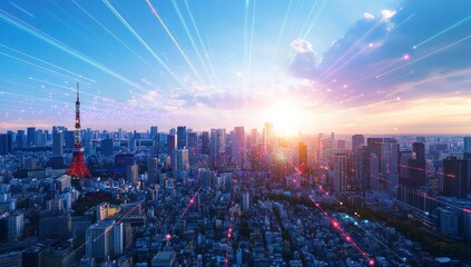 Vibrant City Skyline with Sunset and Digital Connections in Tokyo
