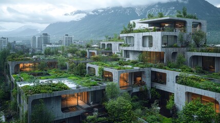 Obraz premium Green rooftop apartments nestled in mountains.