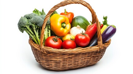 Natural woven wicker basket overflowing with fresh organic vegetables and ripe fruits on pure white backdrop. 