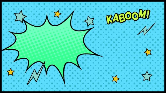 Pop art Comic book Cartoon background animation with copyspace. Retro backdrop for comics superhero text. Vintage comic vignette cartoon design colored background with speech bubble. 4K resolution.