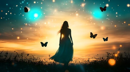 A woman in a flowing gown standing in a mystical field, surrounded by floating orbs of light and butterflies