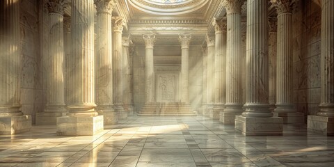 Majestic Ancient Hallway, Sunlit Columns
