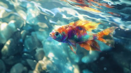 Vibrant fish swimming underwater, colorful stones, sunlit water