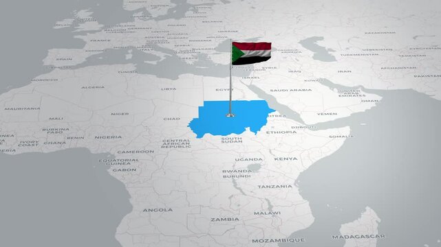 Sudan map animation.The Sudan flag flies majestically over a detailed map