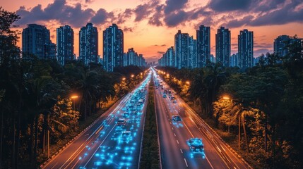Obraz premium City highway at sunset with glowing traffic.
