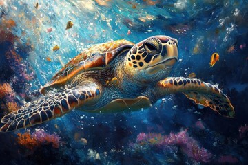Naklejka premium Colorful sea turtle gliding gracefully among coral reef and tropical fish in vibrant ocean waters