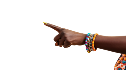 Woman pointing finger with gold nail polish on transparent background
