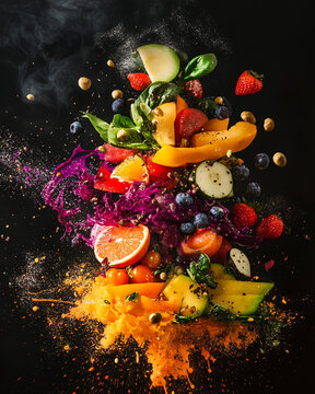 Vibrant colorful fruit and vegetable explosion fresh healthy food eat diet juicy image photo recipe