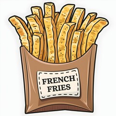 French fries in brown labeled packaging isolated on white background.