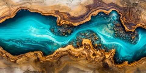 A stunning aerial view of old cracked wood featuring a turquoise epoxy river.