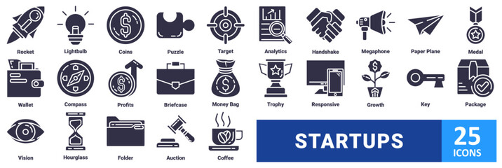 Startups icon set with icon Rocket, Lightbulb, Coins, Puzzle, Target, Analytics, Handshake, Megaphone, Paper Plane, Medal,Wallet, Compass, Profits, Briefcase, Money Bag, Trophy, Responsive,Growth 