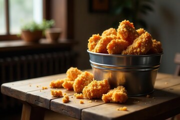Golden-brown crispy nuggets in a rustic metal bucket, scattered on a wooden table near a sunlit windowsill