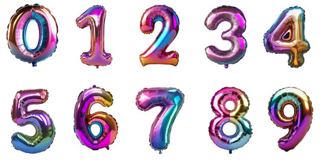 Numbers From Zero to Nine in Metallic-shaped Balloons Floating in Transparent Background