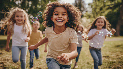 Fototapeta premium Kids running, playing, bubbles, park