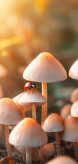 Ladybug on Pale Mushrooms in Sunlight