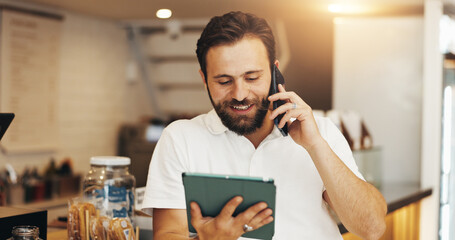 Manager, tablet and phone call with man in cafe for inventory checklist, barista and hospitality. Customer review, restaurant menu and communication with person in coffee shop for supplier contact