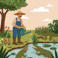 Farmer Watering Garden Surrounded by Crocodiles in a Funny Scene