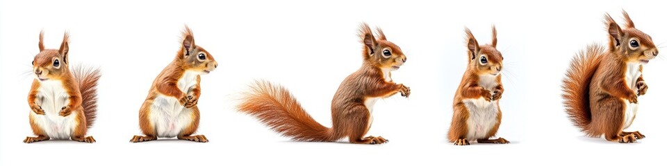 Obraz premium Wildlife forest woods animals banner panorama long - Collection of standing, sitting, jumping, running cute red squirrel animal (sciurus vulgaris), isolated on white background