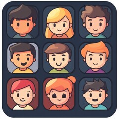 Gaming and esports Flat Art Style Icon. Nine Colorful Cartoon Child Avatars in Pixel Art Style