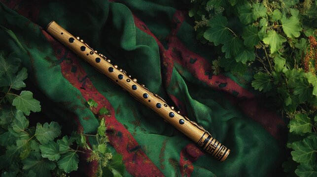 Wooden flute rests on patterned cloth amidst foliage