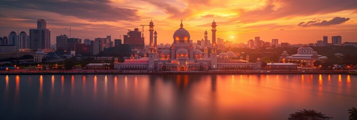 Naklejka premium Majestic Mosque at Sunset over City Skyline