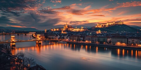 Fototapeta premium Budapest Cityscape at Sunset with Illuminated Buildings